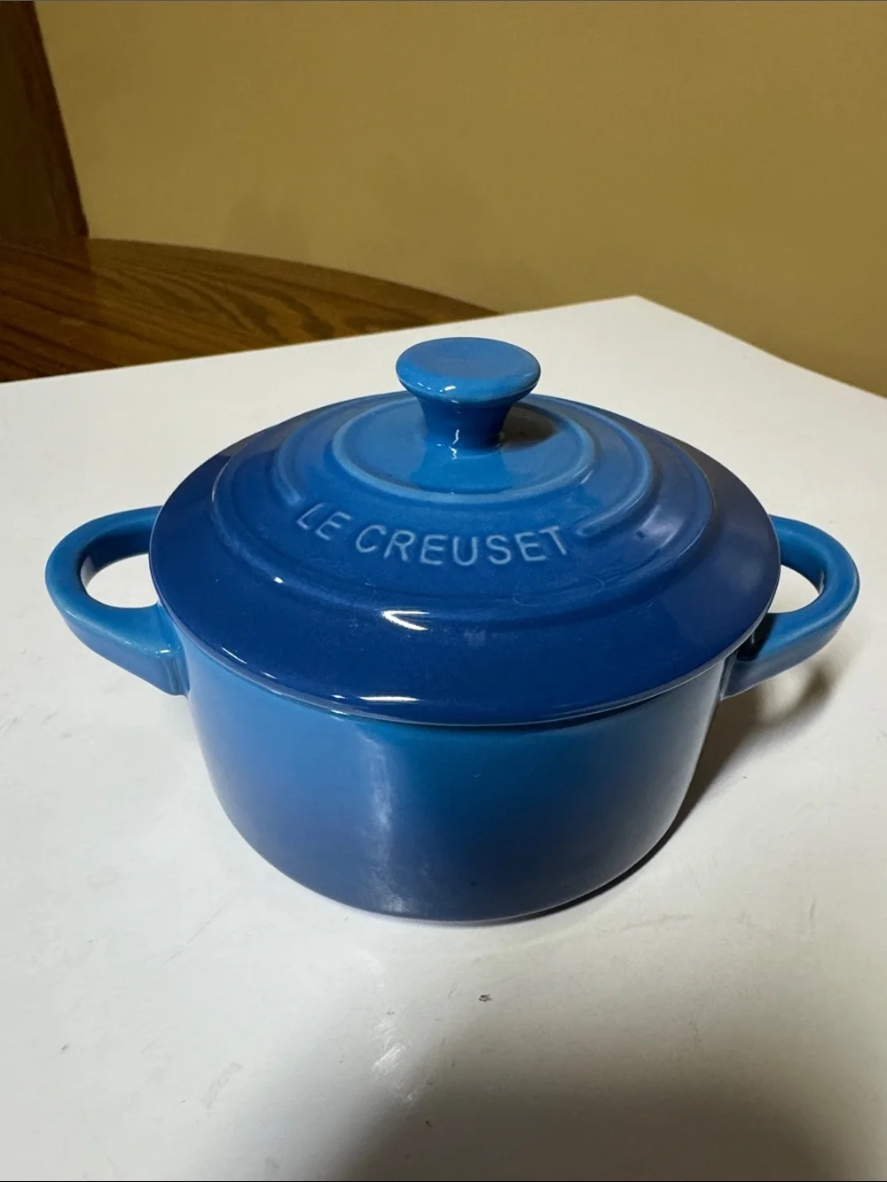 Le Creuset Mini Round Cocotte Marseille Blue Stoneware with Lid 8 oz